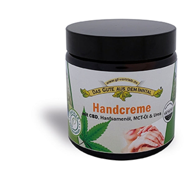 Hand cream with CBD hemp seed oil, MCT oil &amp; urea in a glass jar